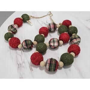 Dan Dee Rag Ball Christmas Garland Fabric Wooden Beads Yarn Cottagecore